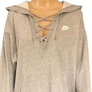 NIKE Hoodie Size S Gray V-Neck  Lace up Pull Over Front Pocket Outerwear Ladies